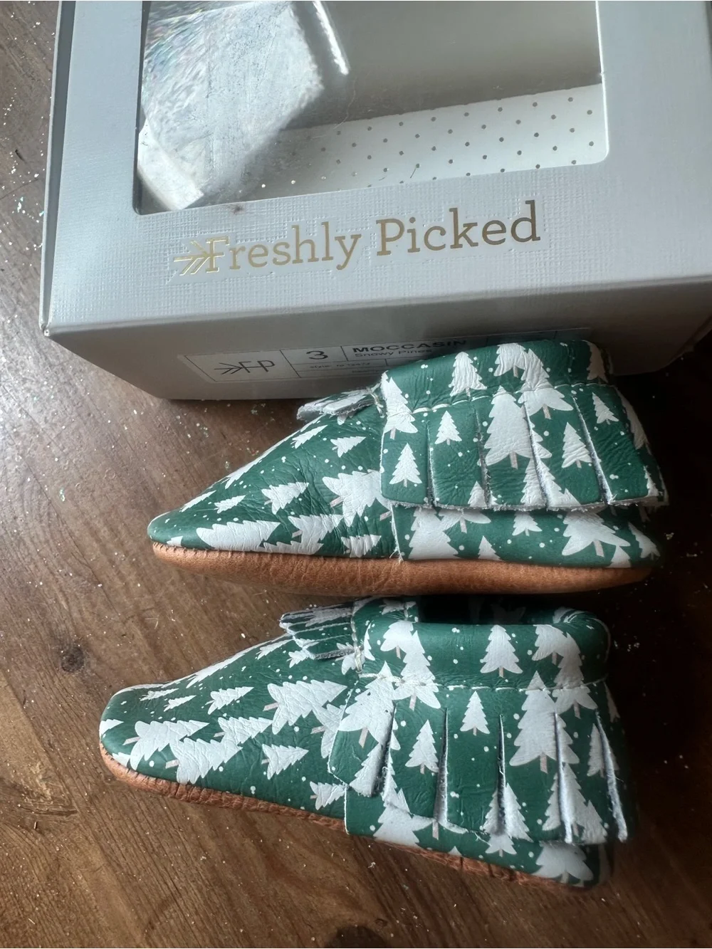 Freshly Picked Green Tree Print Baby Moccasins with White Trees
